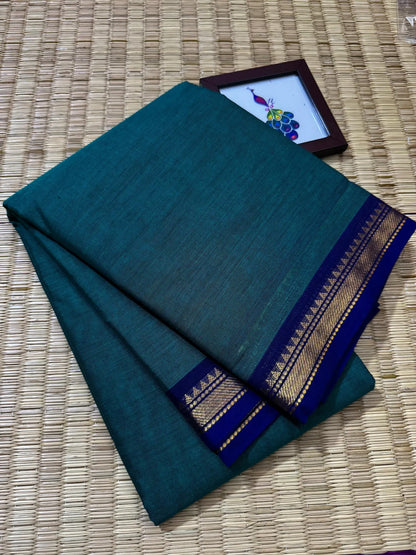 Peacock Blue Elegant Kanchi Cotton Saree with Rich Zari Border & Tassel Pallu
