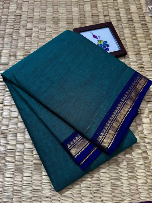Peacock Blue Elegant Kanchi Cotton Saree with Rich Zari Border & Tassel Pallu