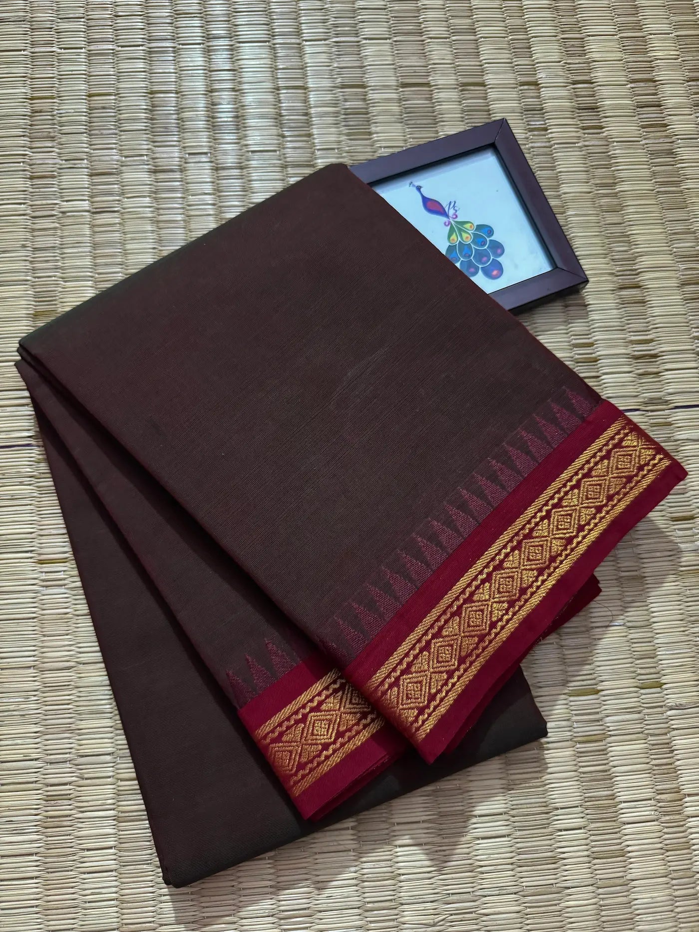 Coffee Bean Elegant Kanchi Cotton Saree with Rich Zari Border & Tassel Pallu
