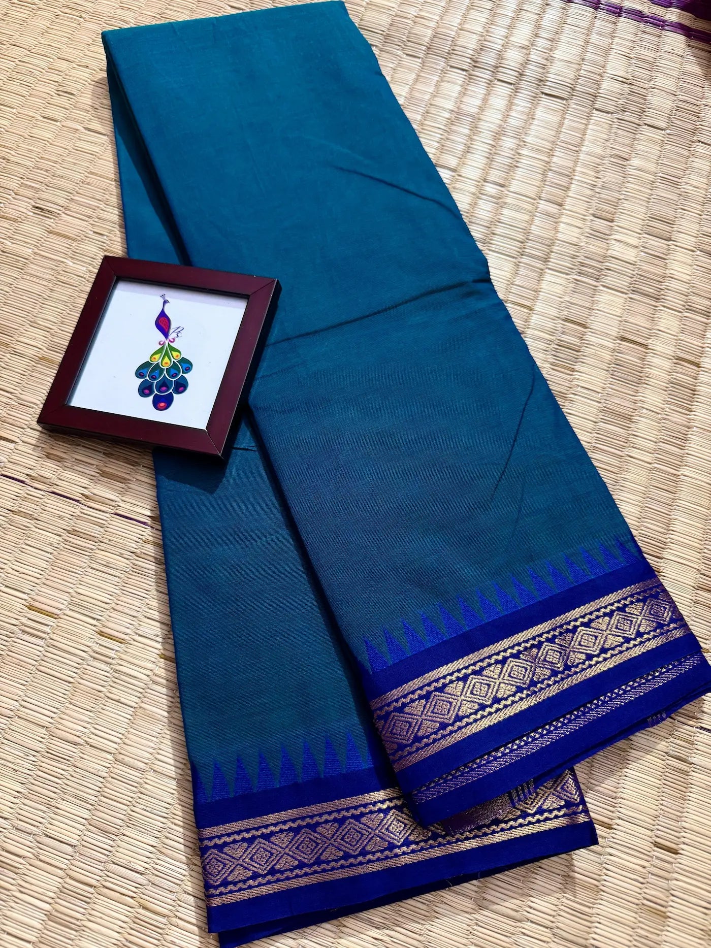 Peacock Blue Elegant Kanchi Cotton Saree with Rich Zari Border & Tassel Pallu