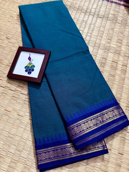 Peacock Blue Elegant Kanchi Cotton Saree with Rich Zari Border & Tassel Pallu