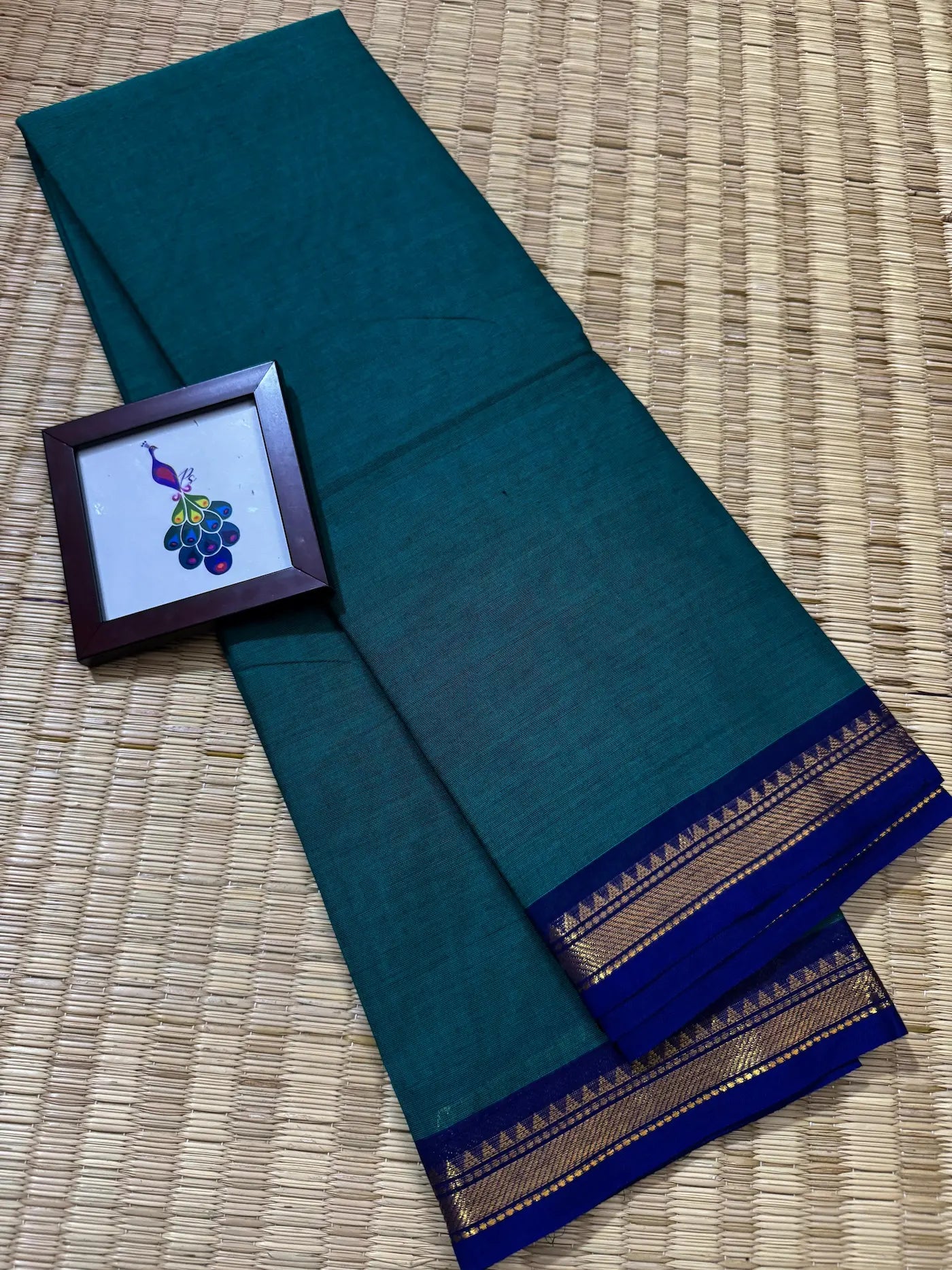 Peacock Blue Elegant Kanchi Cotton Saree with Rich Zari Border & Tassel Pallu
