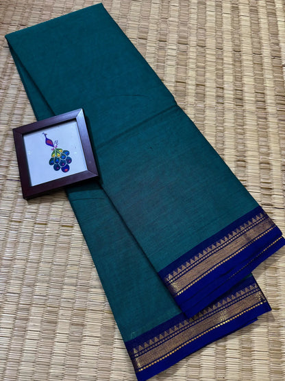Peacock Blue Elegant Kanchi Cotton Saree with Rich Zari Border & Tassel Pallu