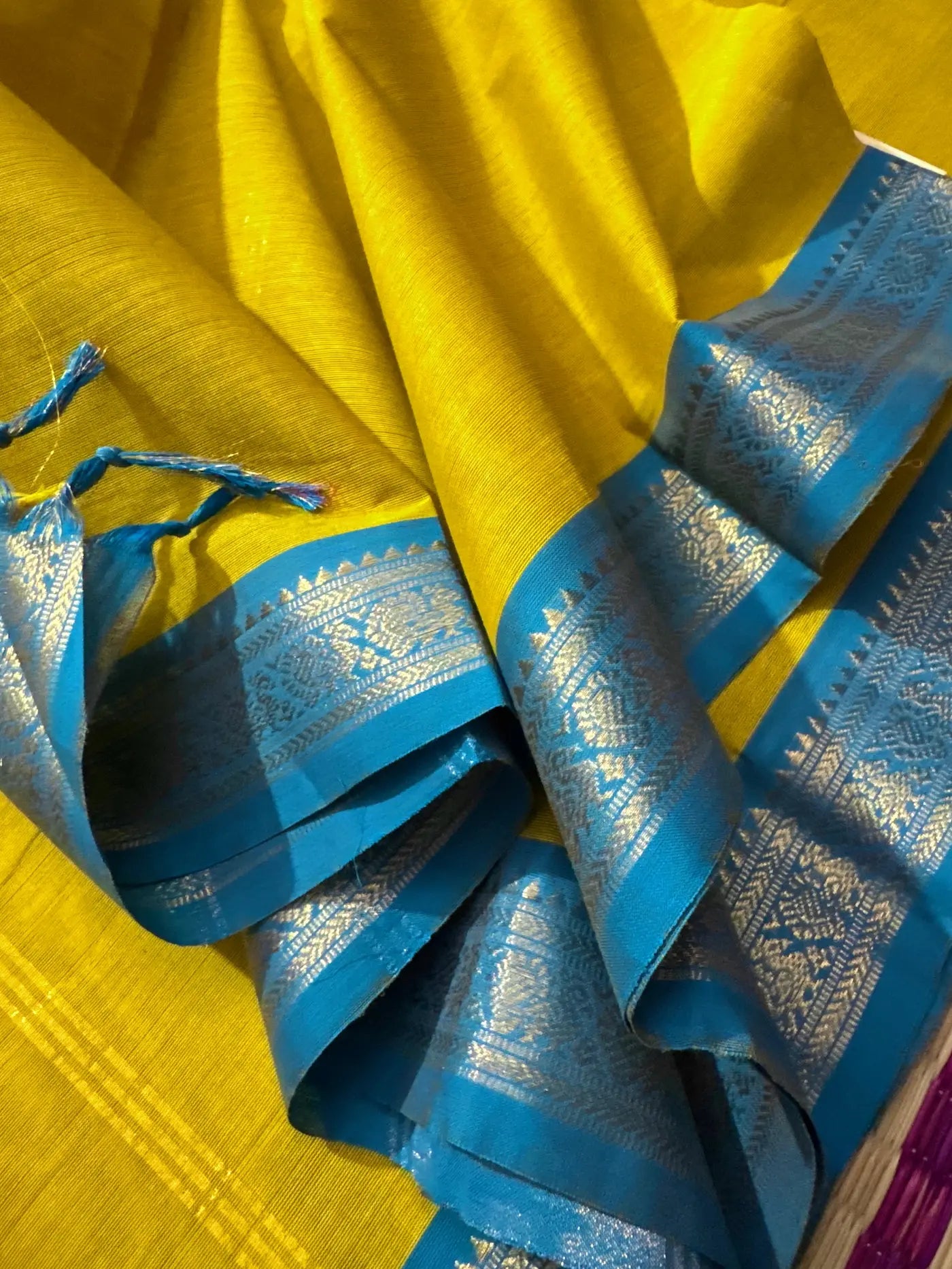 Yellow Elegant Kanchi Cotton Saree with Blue Rich Zari Border & Tassel Pallu
