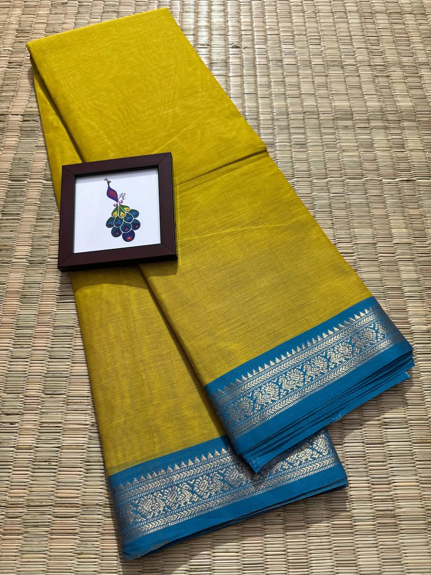 Yellow Elegant Kanchi Cotton Saree with Blue Rich Zari Border & Tassel Pallu