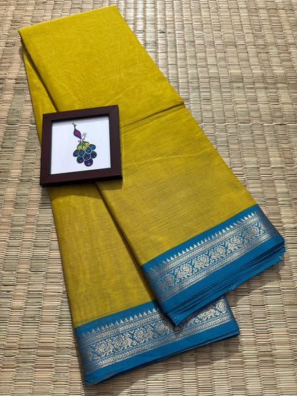 Yellow Elegant Kanchi Cotton Saree with Blue Rich Zari Border & Tassel Pallu