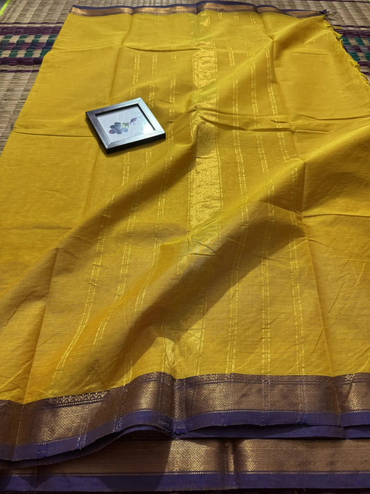 Yellow Elegant Kanchi Cotton Saree with Purple Rich Zari Border & Tassel Pallu