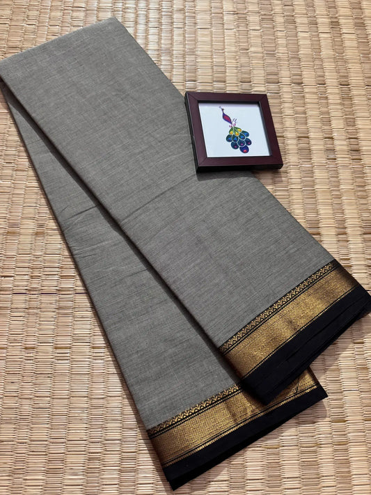 Gray Elegant Kanchi Cotton Saree with Rich Zari Border & Tassel Pallu