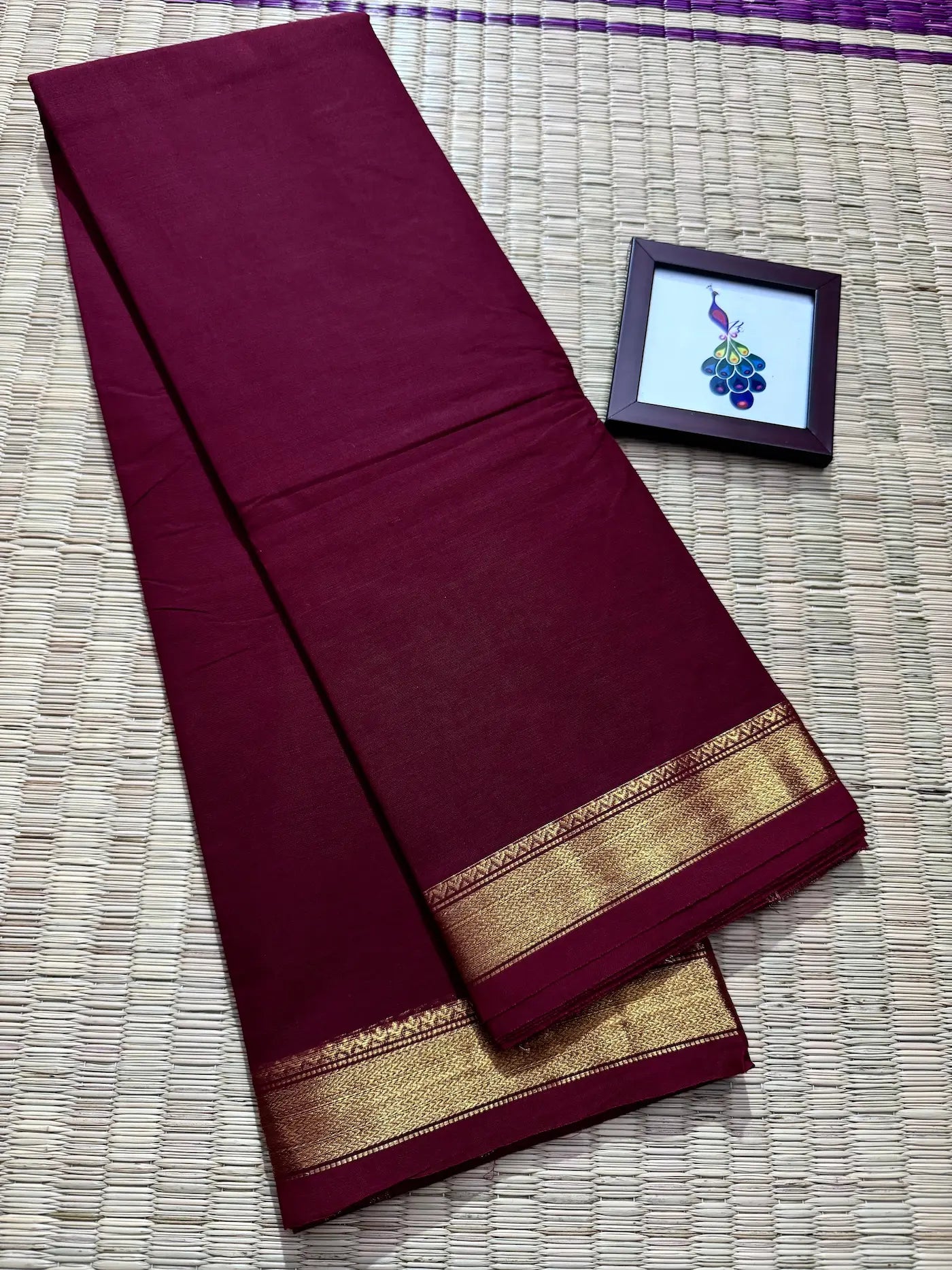 Maroon Elegant Kanchi Cotton Saree with Rich Zari Border & Tassel Pallu