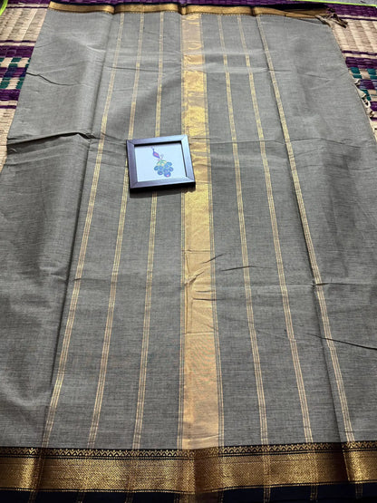 Gray Elegant Kanchi Cotton Saree with Rich Zari Border & Tassel Pallu