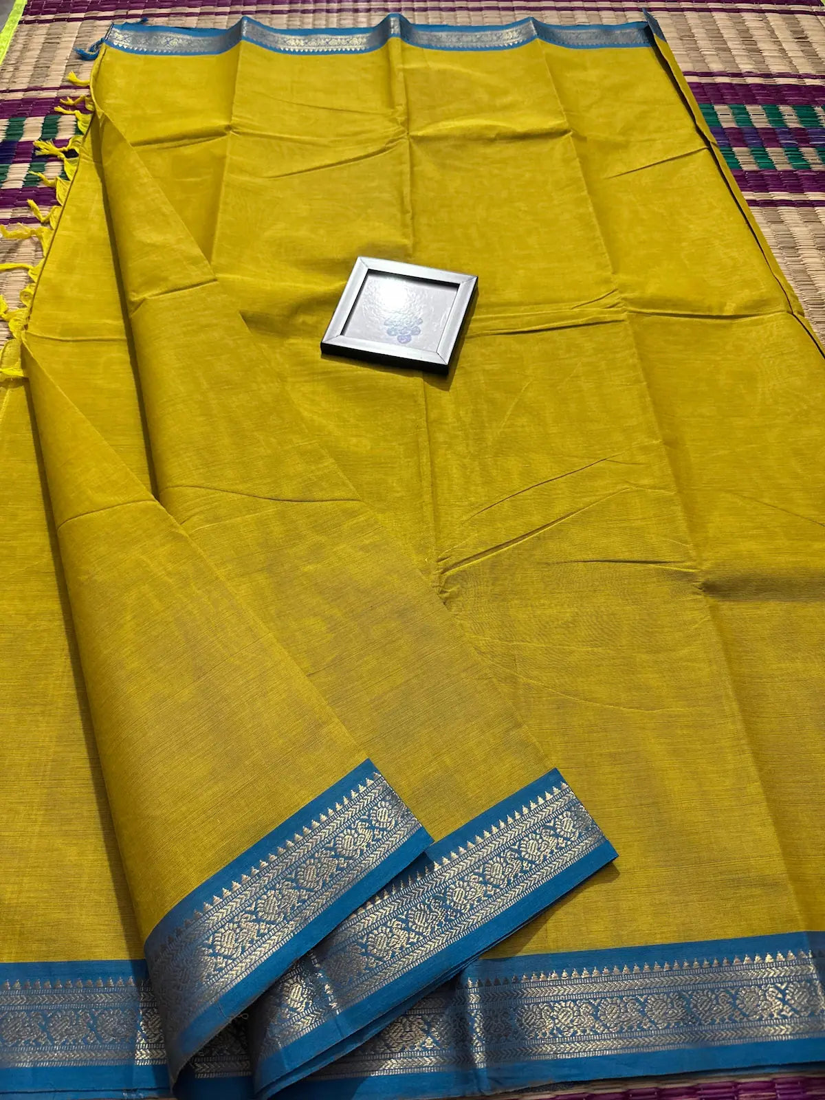 Yellow Elegant Kanchi Cotton Saree with Blue Rich Zari Border & Tassel Pallu