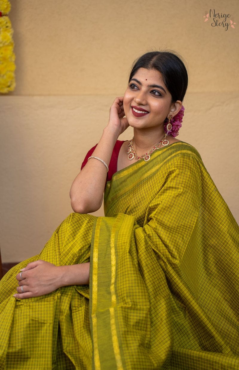 Mangalyam Mustard Yellow Arani Checked Cotton Saree with Zari Border & Running Blouse
