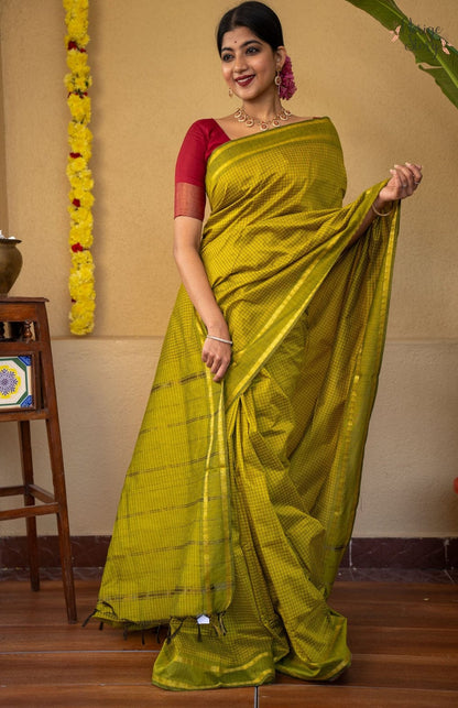 Mangalyam Mustard Yellow Arani Checked Cotton Saree with Zari Border & Running Blouse