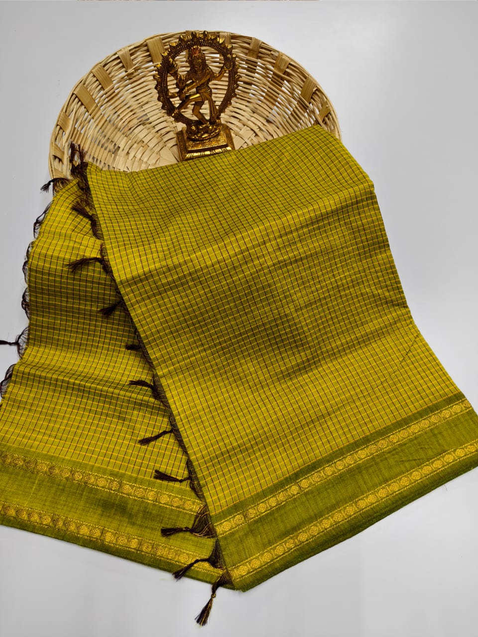 Mangalyam Mustard Yellow Arani Checked Cotton Saree with Zari Border & Running Blouse