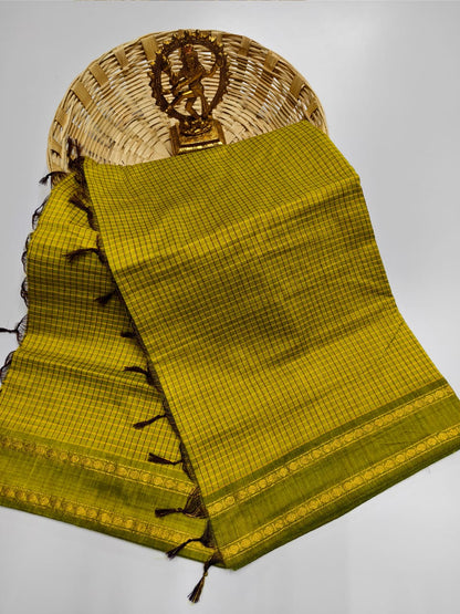 Mangalyam Mustard Yellow Arani Checked Cotton Saree with Zari Border & Running Blouse