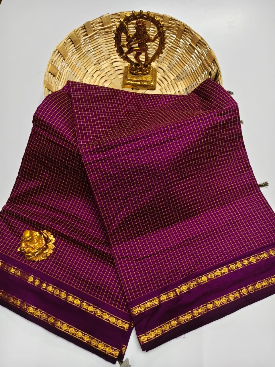 Mangalyam Rani Pink Arani Checked Cotton Saree with Rich Zari Border & Running Blouse