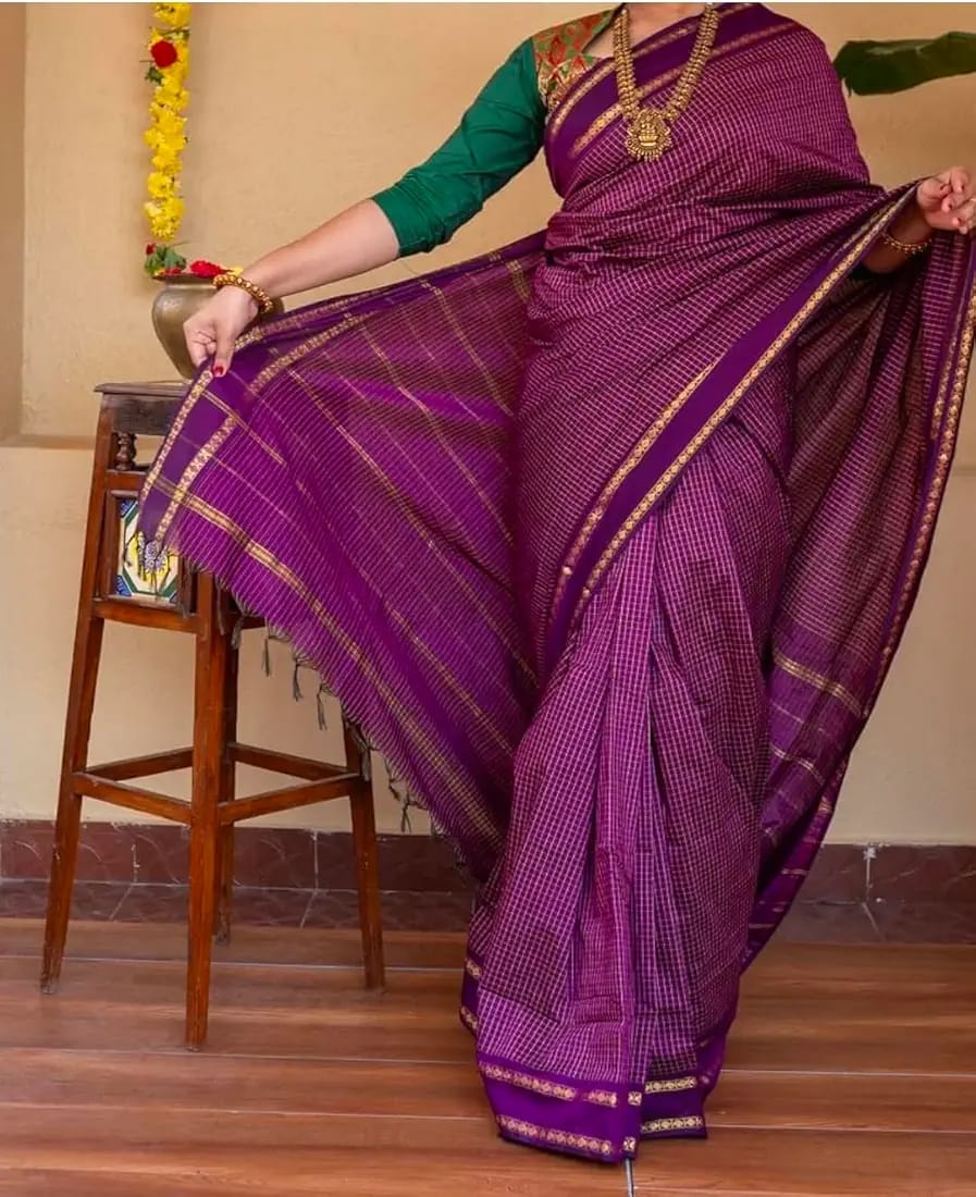 Mangalyam Rani Pink Arani Checked Cotton Saree with Rich Zari Border & Running Blouse