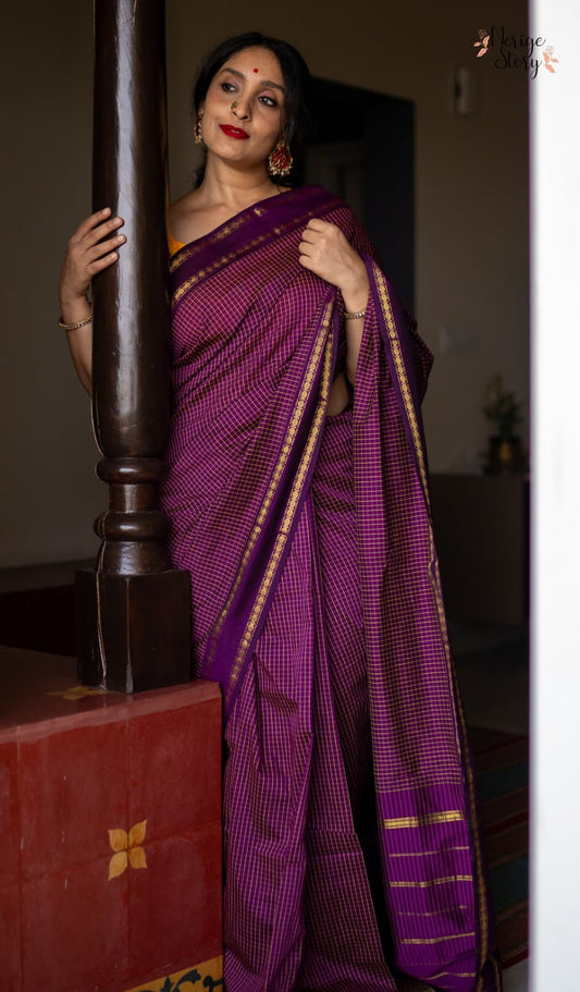 Mangalyam Rani Pink Arani Checked Cotton Saree with Rich Zari Border & Running Blouse