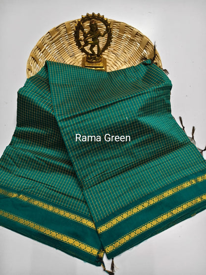 Mangalyam Rama Green Arani Checked Cotton Saree with Zari Border & Running Blouse