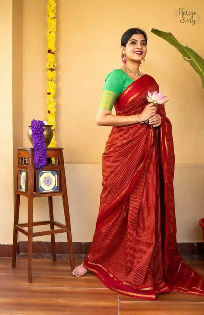 Mangalyam Brick Red Arani Checked Cotton Saree