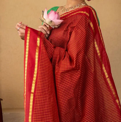 Mangalyam Brick Red Arani Checked Cotton Saree with Rich Zari Border & Running Blouse