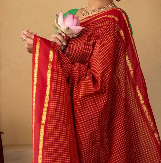 Mangalyam Brick Red Arani Checked Cotton Saree with Rich Zari Border & Running Blouse