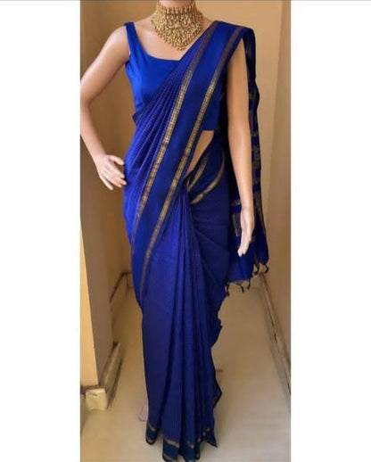 Mangalyam Royal Blue Arani Checked Cotton Saree with Zari Border & Running Blouse