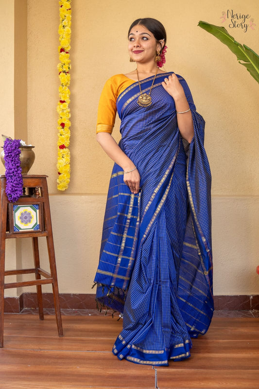 Mangalyam Royal Blue Arani Checked Cotton Saree with Zari Border & Running Blouse