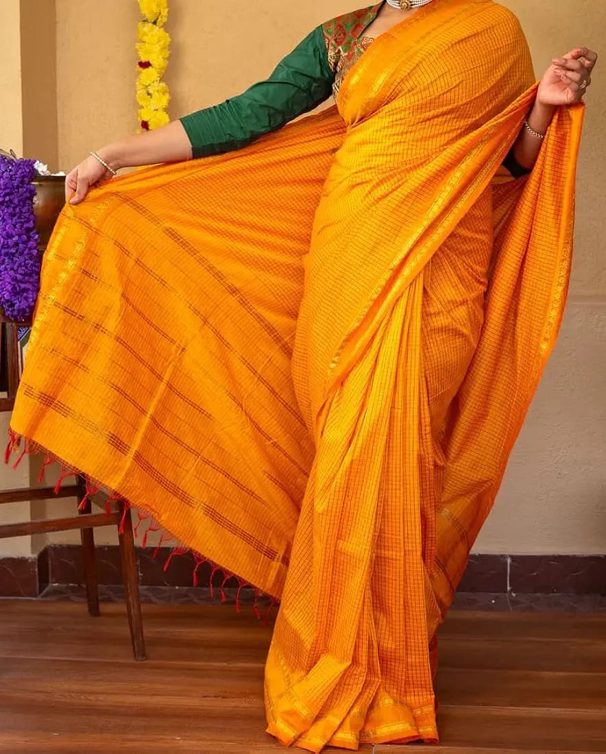 Mangalyam Mustard Orange Arani Checked Cotton Saree with Zari Border & Running Blouse