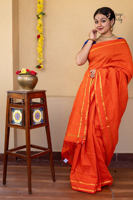 Mangalyam Mustard Orange Arani Checked Cotton Saree with Zari Border & Running Blouse