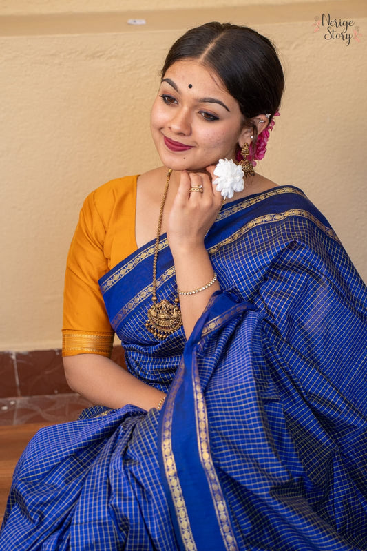 Mangalyam Royal Blue Arani Checked Cotton Saree with Zari Border & Running Blouse