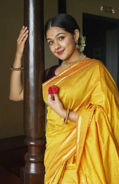 Mangalyam Golden Yellow Arani Checked Cotton Saree