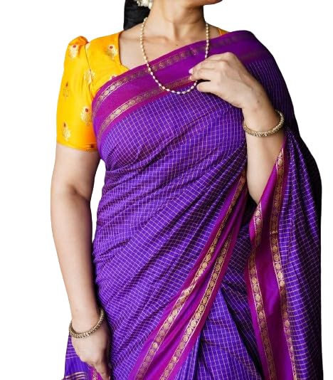 Mangalyam Royal Violet Arani Checked Cotton Saree with Zari Border & Running Blouse