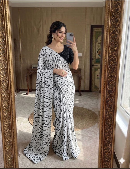 White & Black Abstract Leaf Print Marshmallow Saree with Heavy Handwork Stitched Blouse