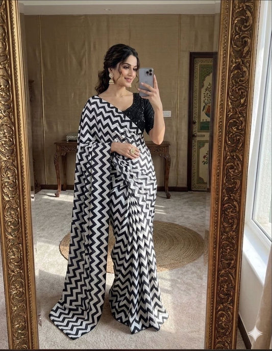 Black & White Chevron Print Marshmallow Saree with Heavy Handwork Stitched Blouse