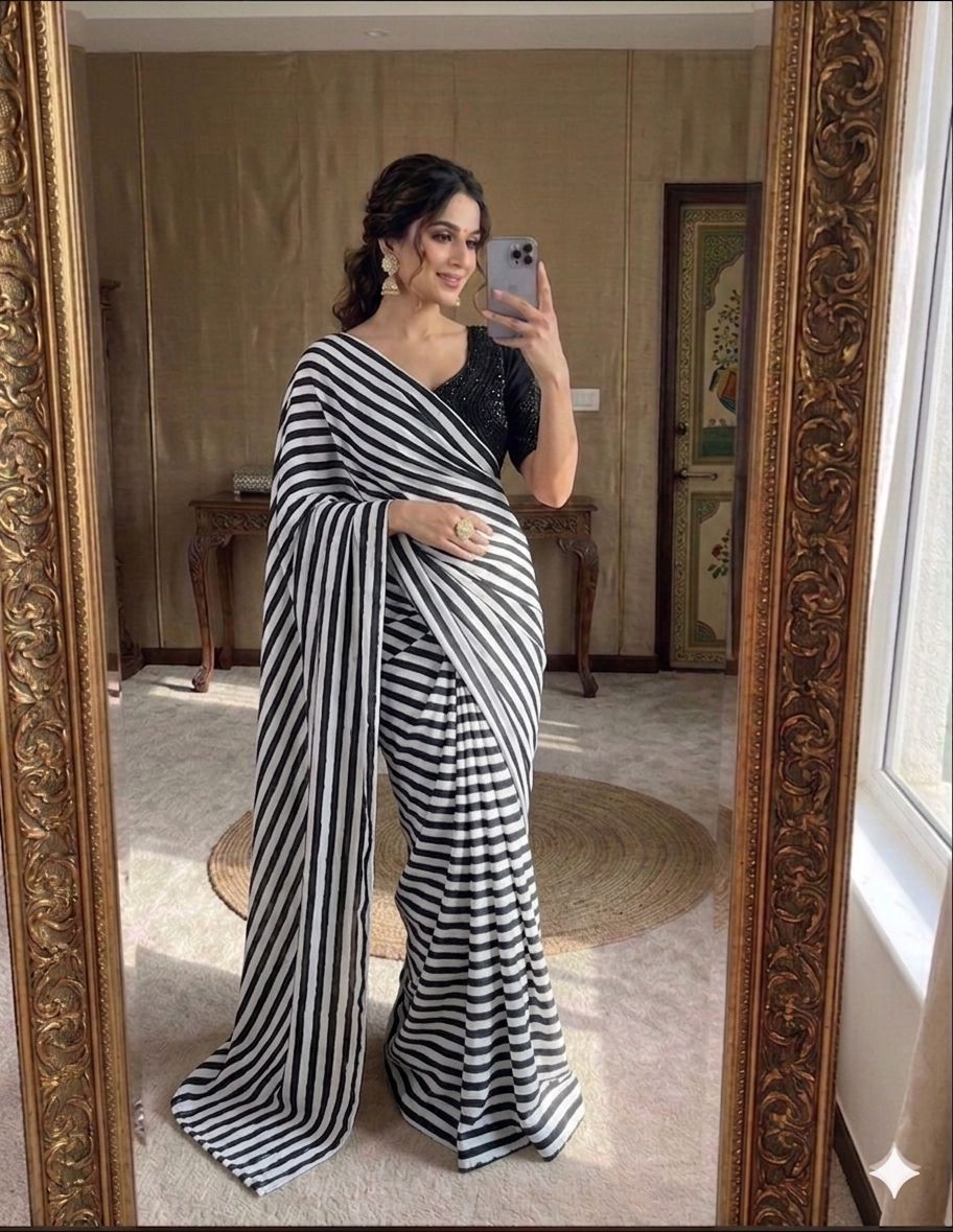 Black & White Marshmallow Stripe Saree with Heavy Handwork Stitched Blouse