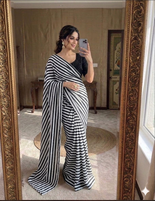 Black & White Marshmallow Stripe Saree with Heavy Handwork Stitched Blouse