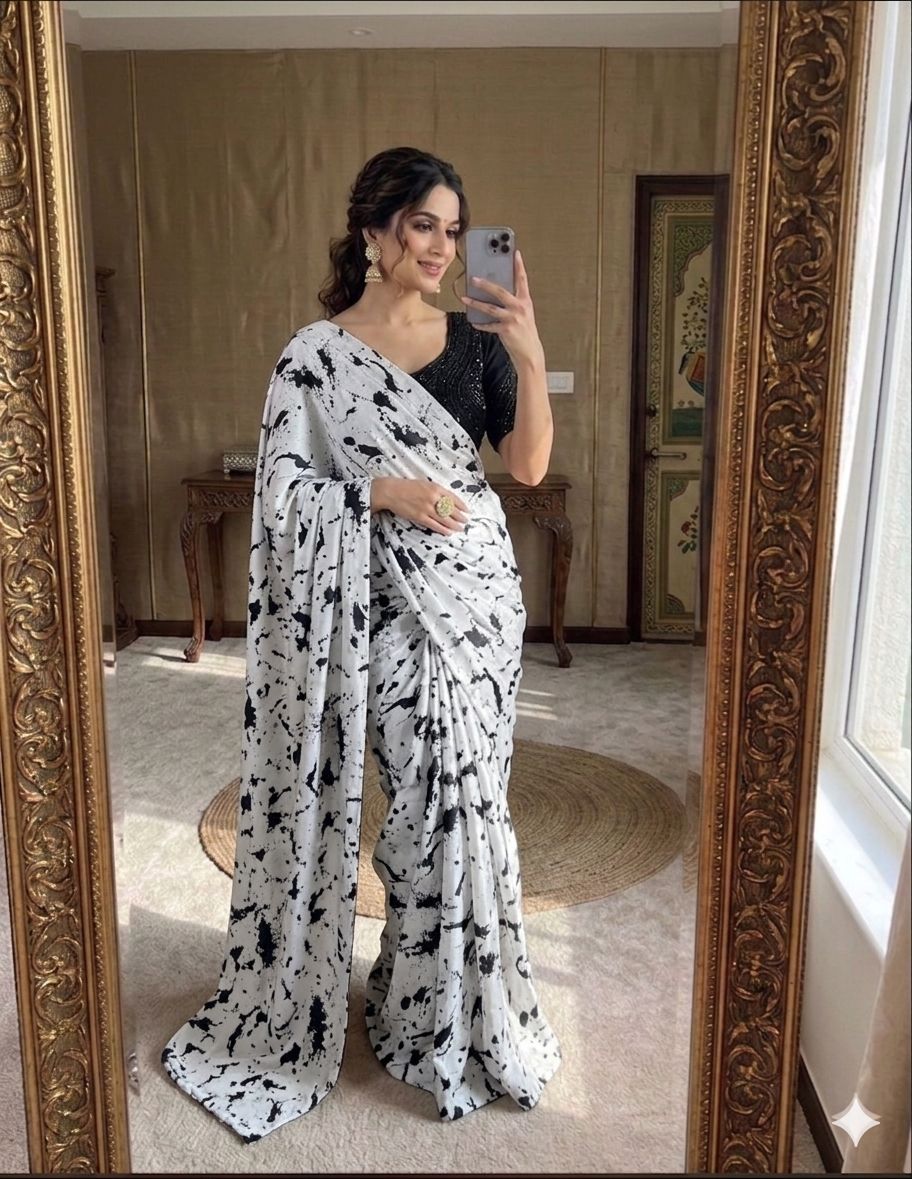 Black & White Splash Print Marshmallow Saree with Heavy Handwork Stitched Blouse