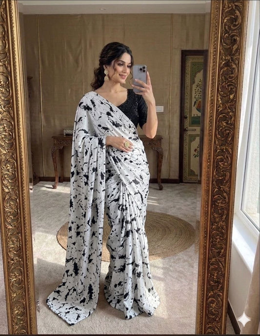 Black & White Splash Print Marshmallow Saree with Heavy Handwork Stitched Blouse