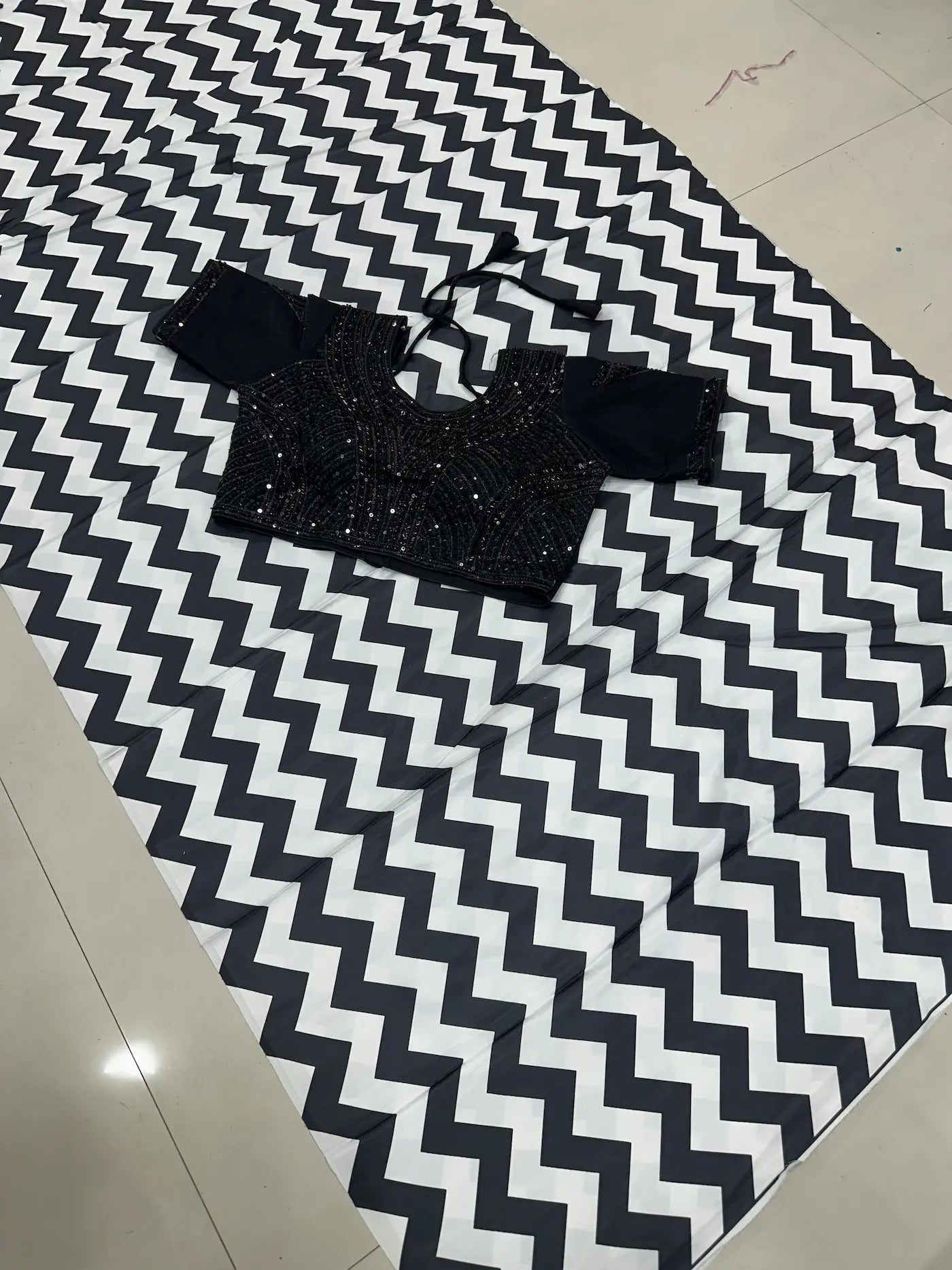 Black & White Chevron Print Marshmallow Saree with Heavy Handwork Stitched Blouse