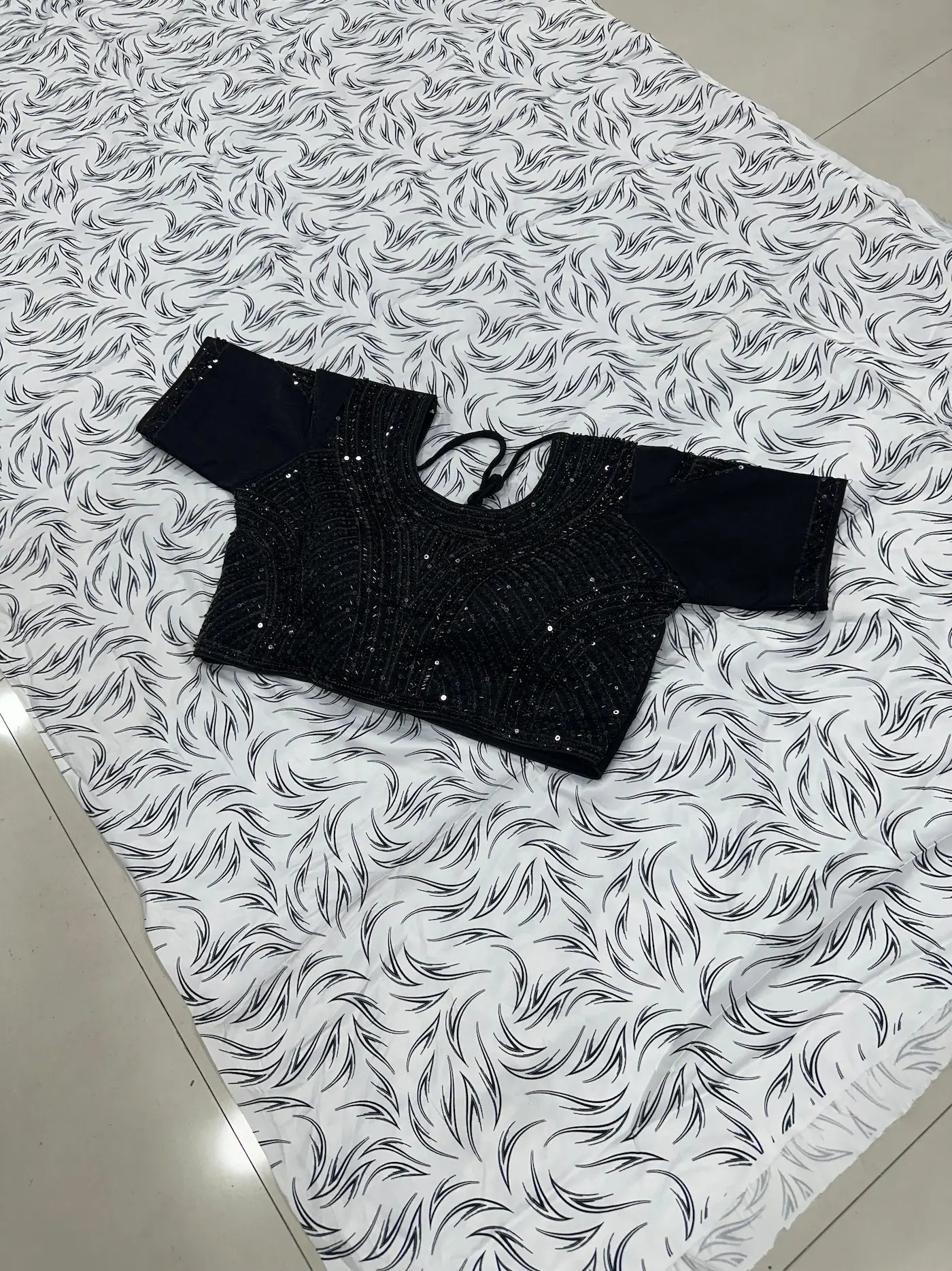 White & Black Abstract Leaf Print Marshmallow Saree with Heavy Handwork Stitched Blouse
