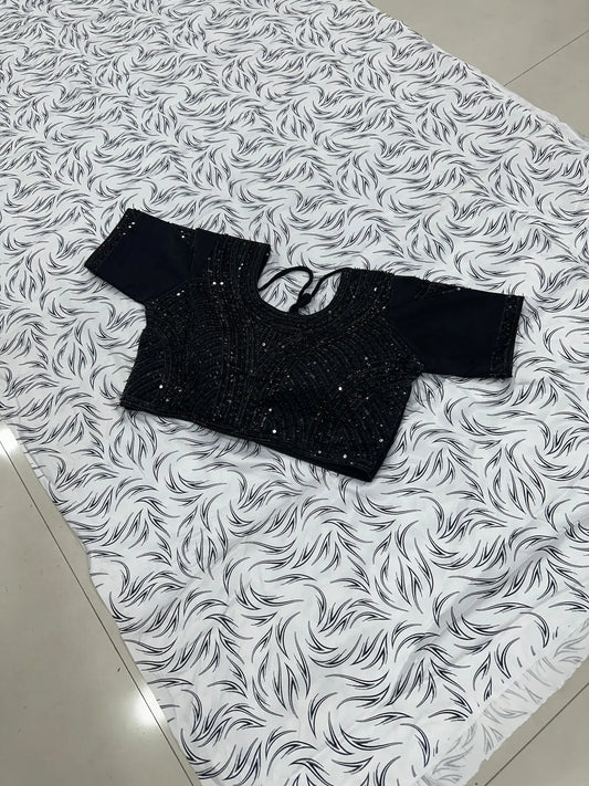 White & Black Abstract Leaf Print Marshmallow Saree with Heavy Handwork Stitched Blouse