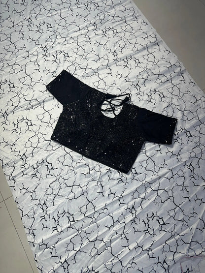 White & Black Crack Print Marshmallow Saree with Heavy Handwork Stitched Blouse