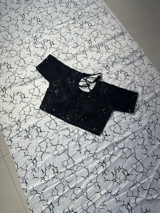 White & Black Crack Print Marshmallow Saree with Heavy Handwork Stitched Blouse