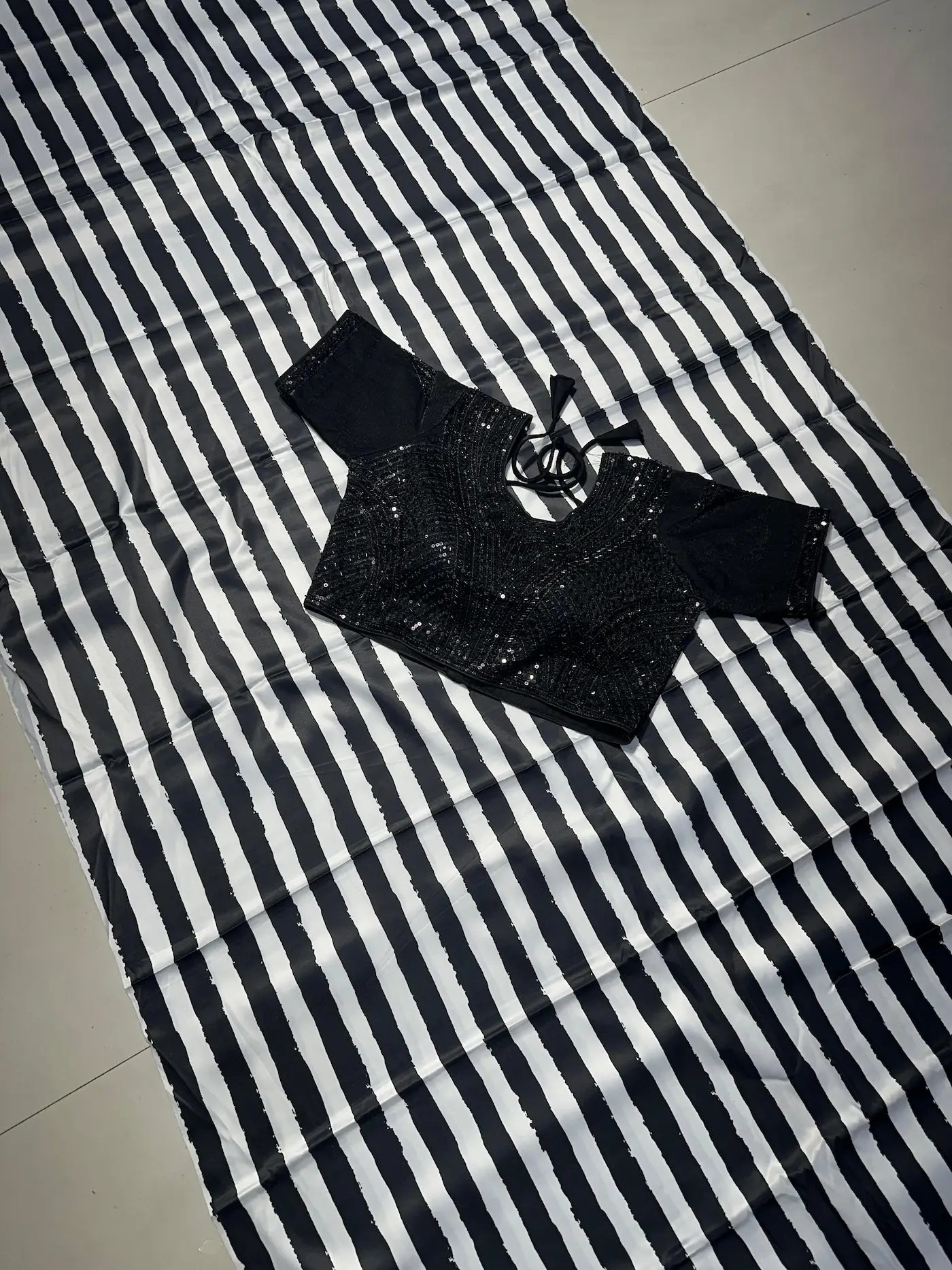 Black & White Marshmallow Stripe Saree with Heavy Handwork Stitched Blouse