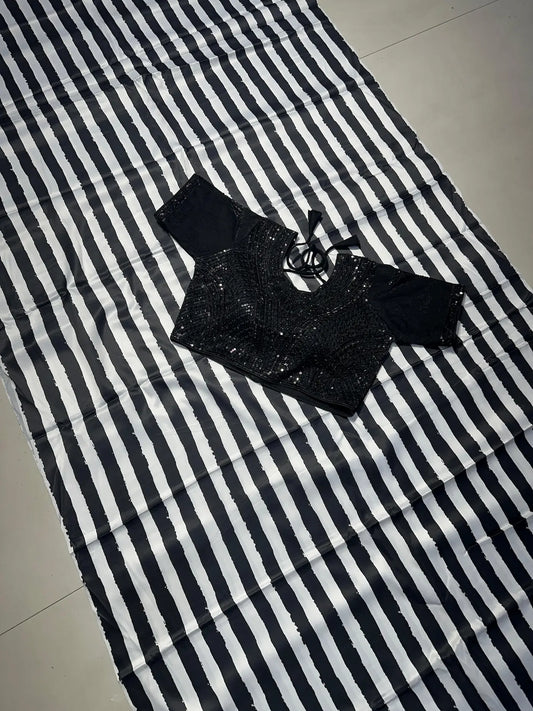 Black & White Marshmallow Stripe Saree with Heavy Handwork Stitched Blouse