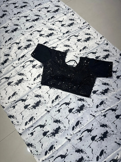 Black & White Splash Print Marshmallow Saree with Heavy Handwork Stitched Blouse