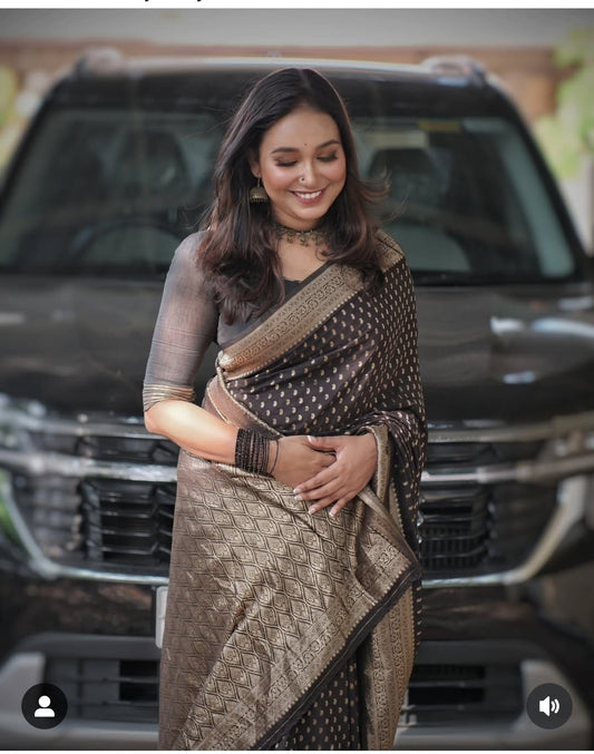 Black Pure Khadi Georgette Silk Saree with Rich Zari Butti & Pichwai Woven Border
