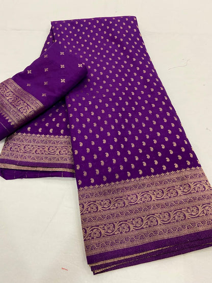 Royal Purple Pure Khadi Georgette Silk Saree with Rich Zari Butti & Traditional Woven Border