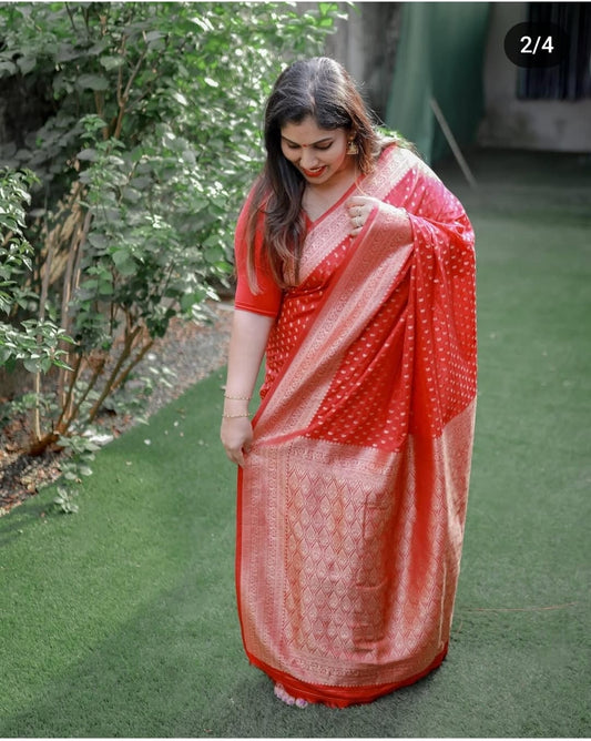 Red Pure Khadi Georgette Silk Saree with Rich Zari Butti & Pichwai Woven Border